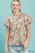 Umgee Floral Puff Sleeve Blouse in Coral
