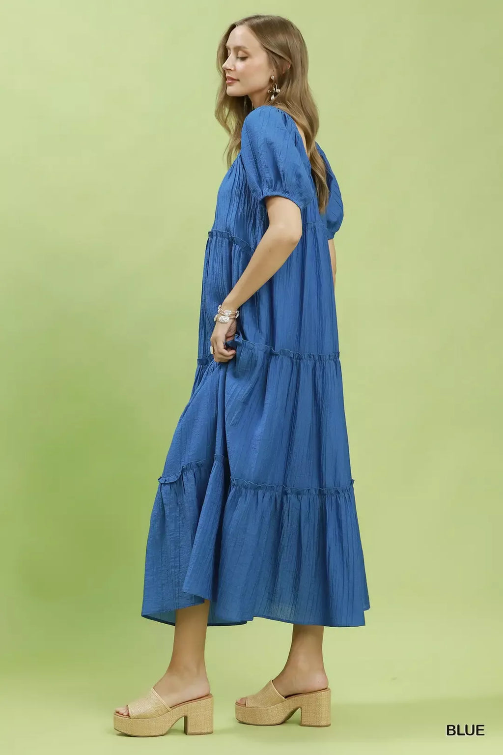 Umgee Textured Tiered Midi Dress in Blue