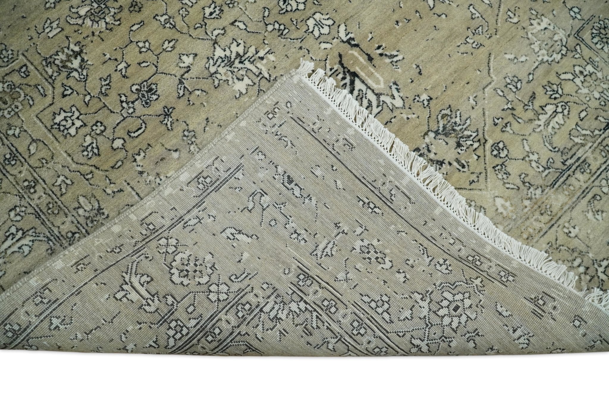 6x9 Fine Hand Knotted Beige and Black Traditional Vintage Persian Style Antique Wool Rug
