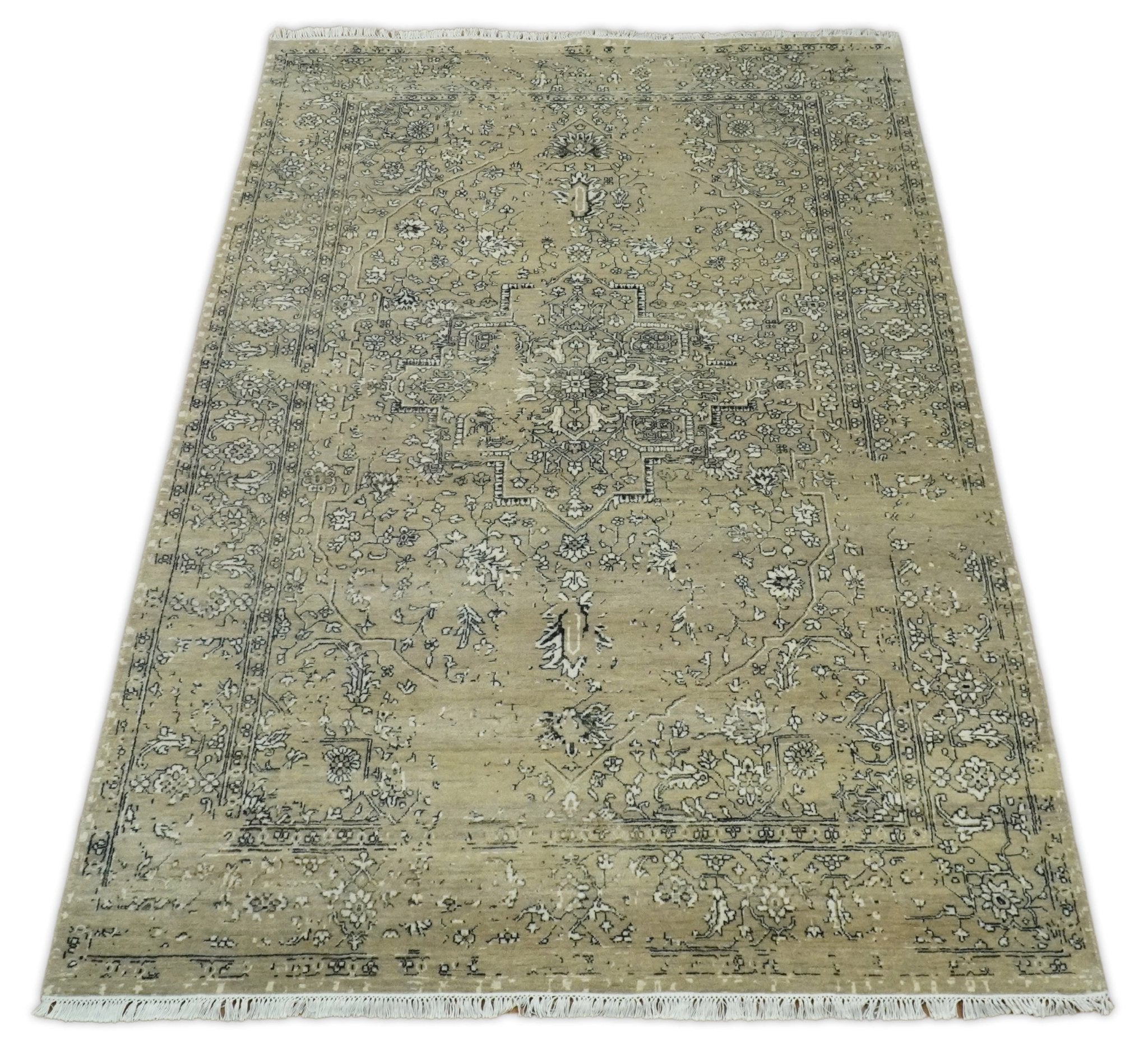6x9 Fine Hand Knotted Beige and Black Traditional Vintage Persian Style Antique Wool Rug
