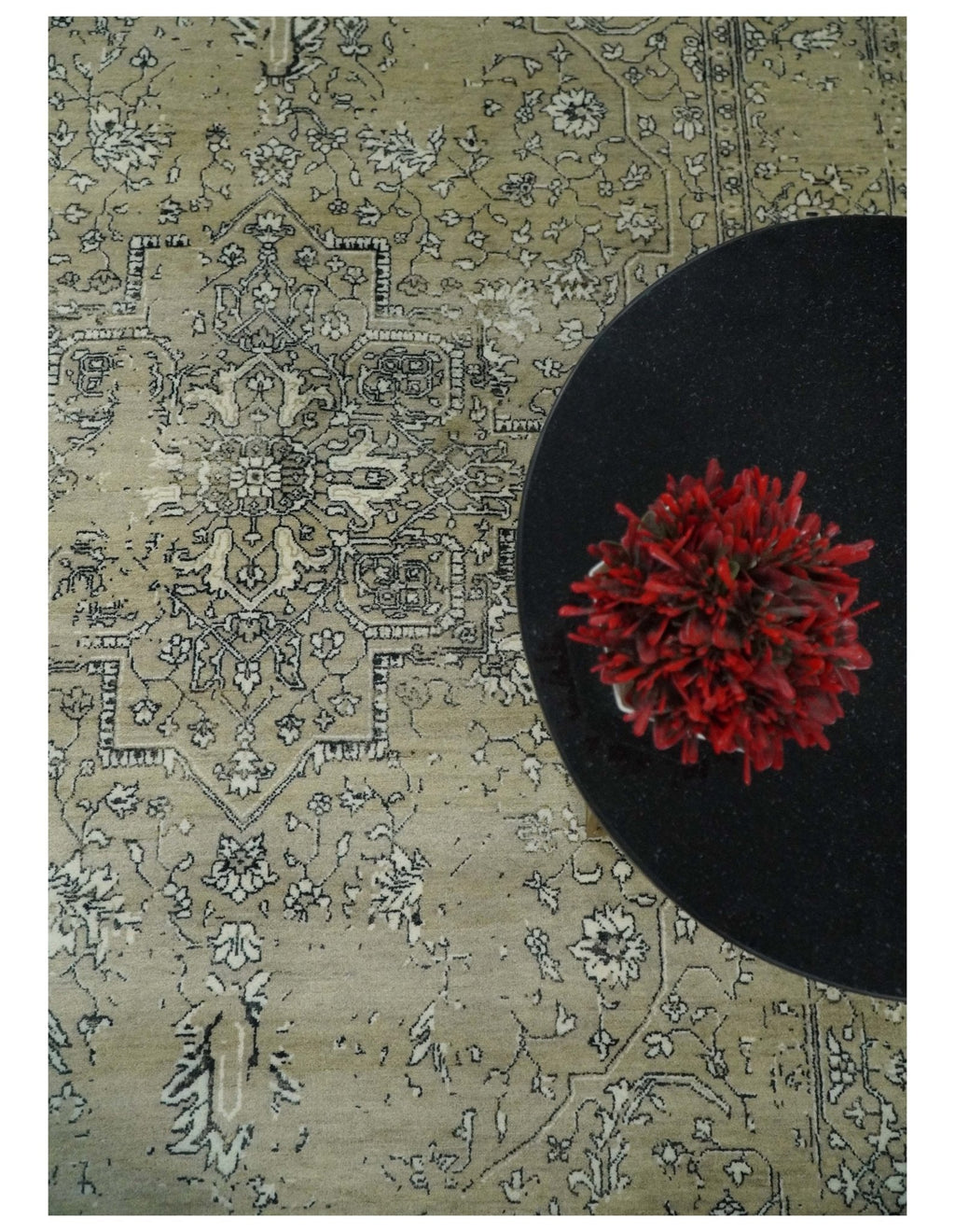 6x9 Fine Hand Knotted Beige and Black Traditional Vintage Persian Style Antique Wool Rug