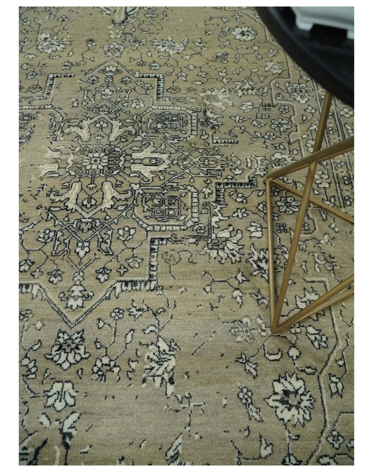 6x9 Fine Hand Knotted Beige and Black Traditional Vintage Persian Style Antique Wool Rug