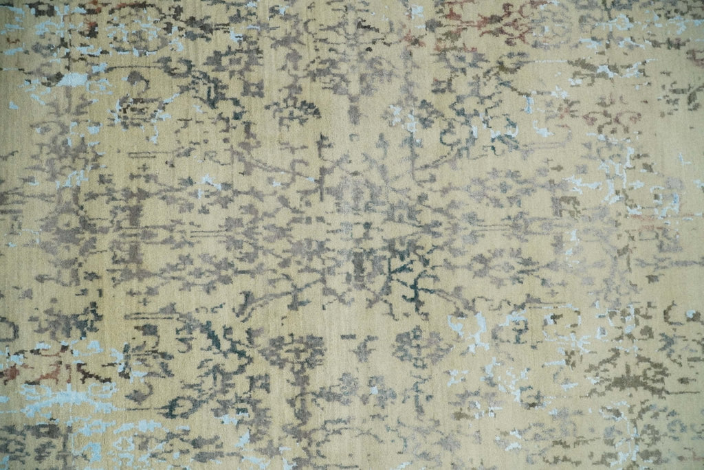 6x9 Fine Hand Knotted Beige and Rust Vintage Persian Style Antique Wool and Silk Rug