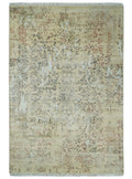 6x9 Fine Hand Knotted Beige and Rust Vintage Persian Style Antique Wool and Silk Rug