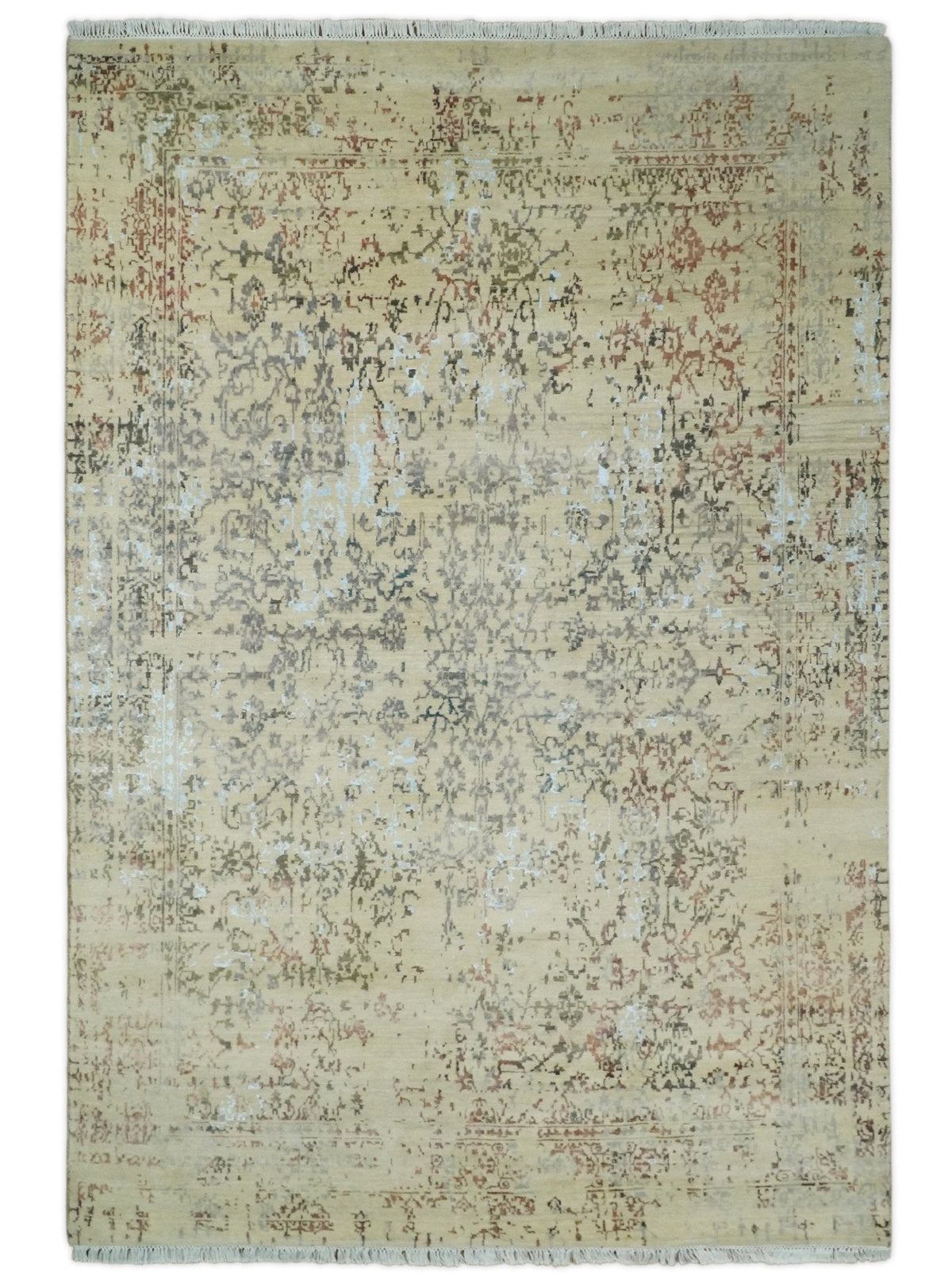 6x9 Fine Hand Knotted Beige and Rust Vintage Persian Style Antique Wool and Silk Rug