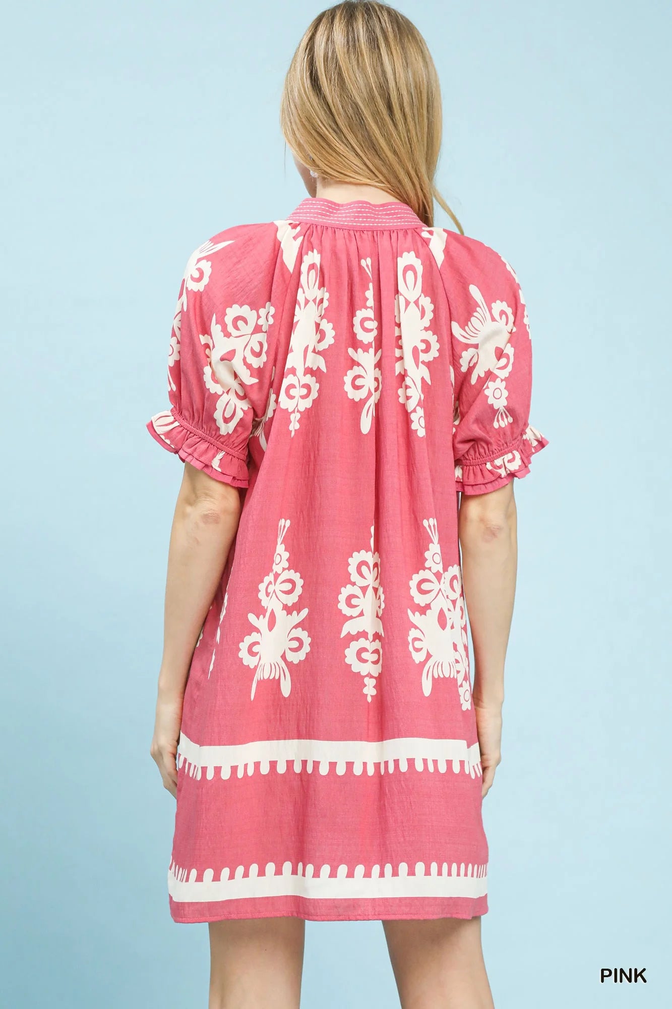 Umgee Two Tone Border Print Mini Dress in Pink