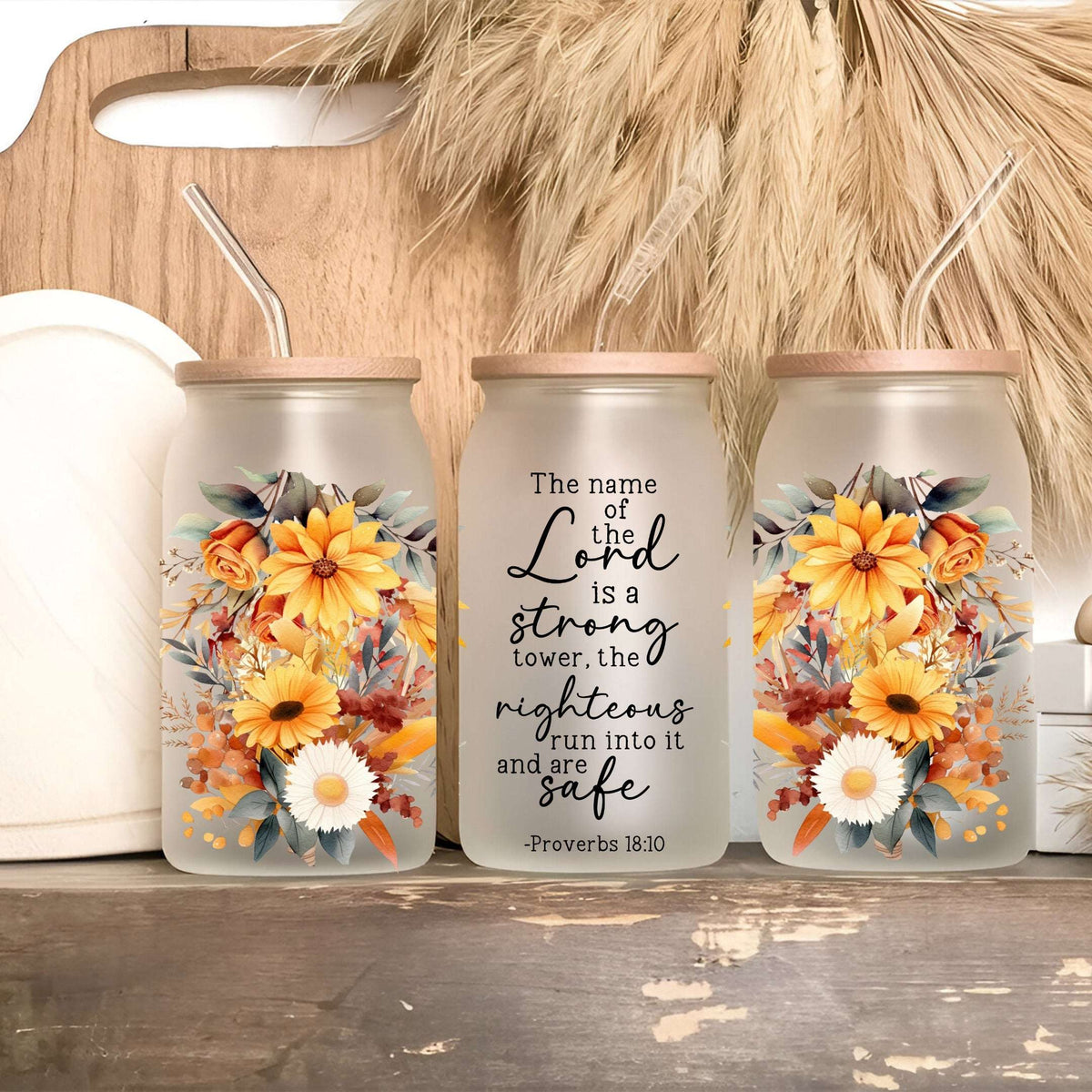 Floral Bible Verse Glass Cup with Lid and Straw