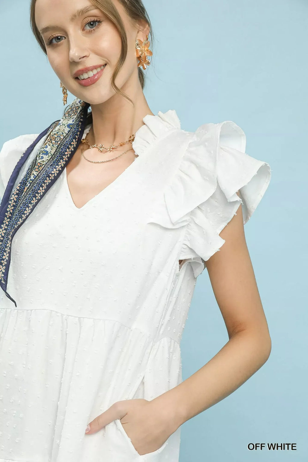 Umgee Textured Ruffle Sleeve Tiered Midi Dress in Off White