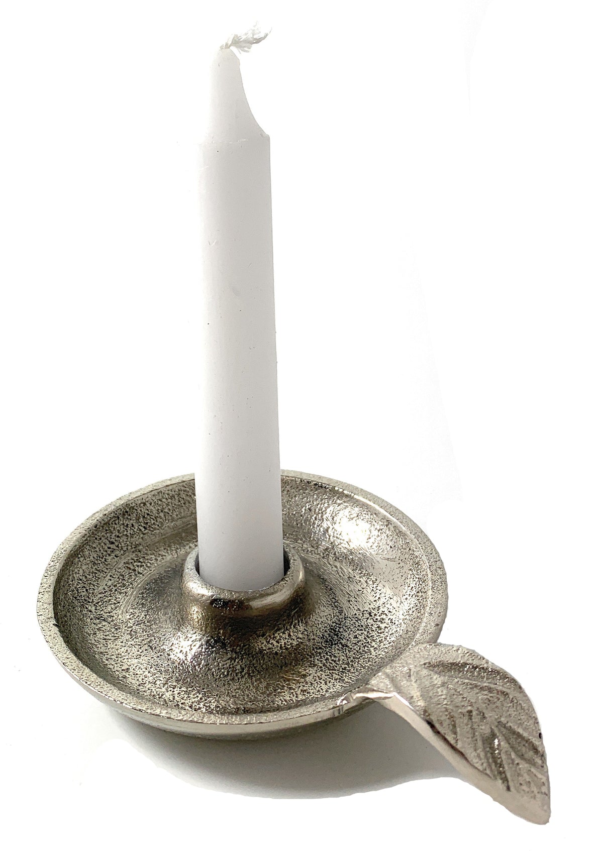 Vibhsa Aluminum Taper Candle Holder – Silver Finish, Leaf Handle