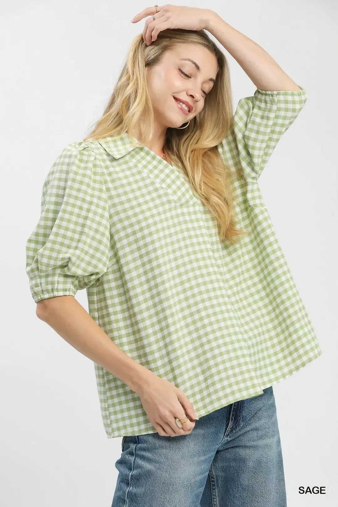 Umgee Gingham Puff Sleeve Collared Blouse in Sage