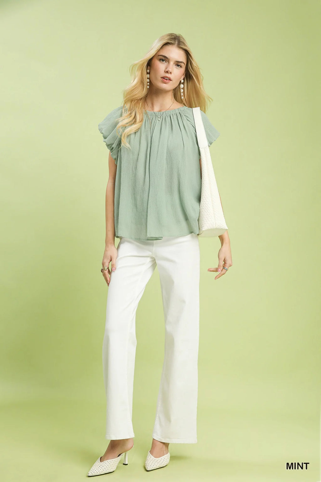 Umgee Crinkle Flutter Sleeve Peasant Top in Mint