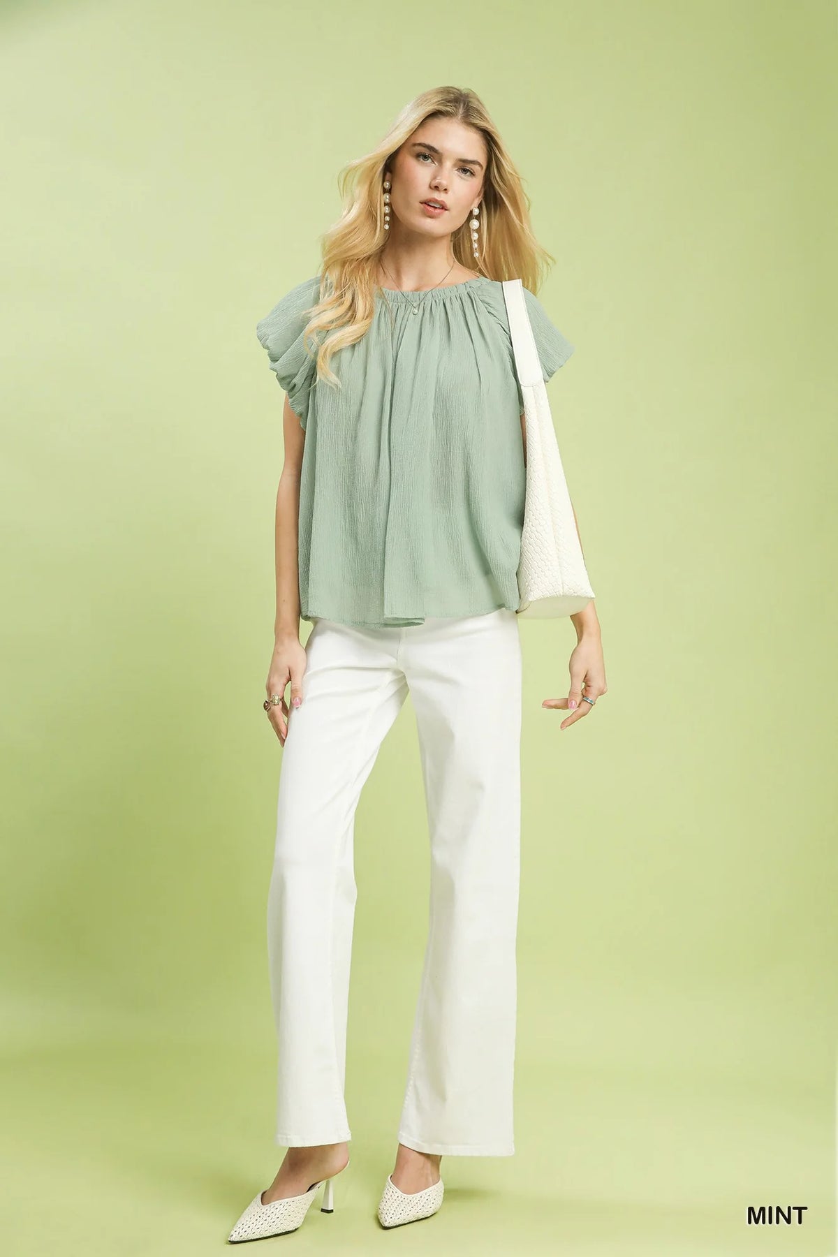 Umgee Crinkle Flutter Sleeve Peasant Top in Mint