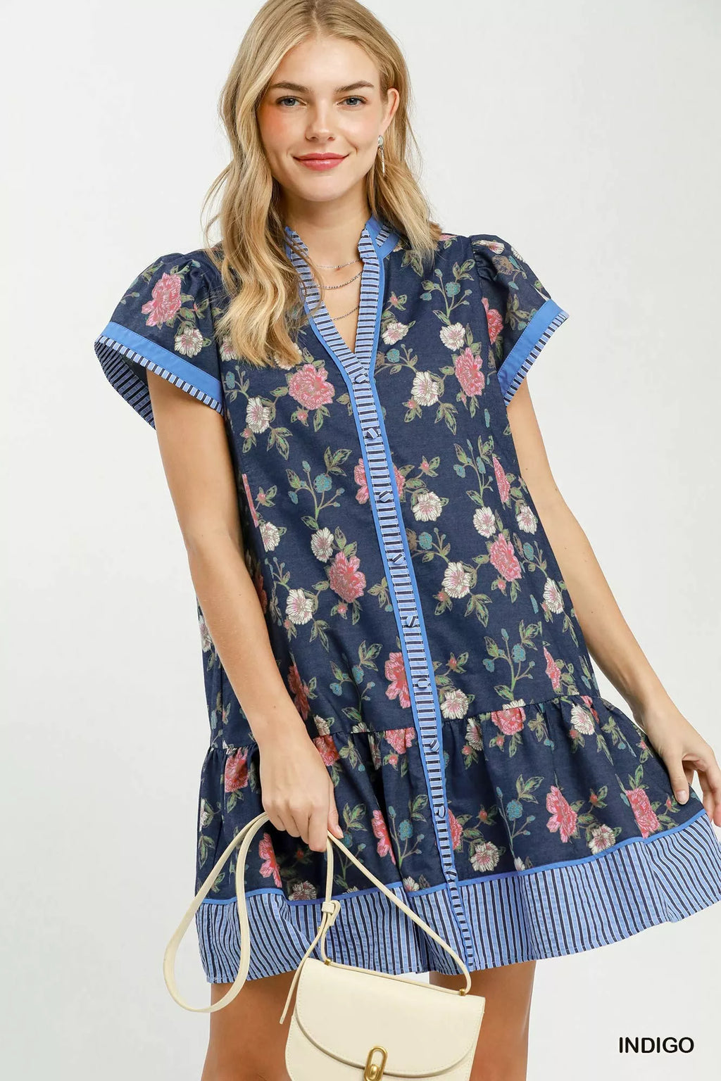 Umgee Floral Contrast Trim Ruffle Hem Mini Dress in Indigo
