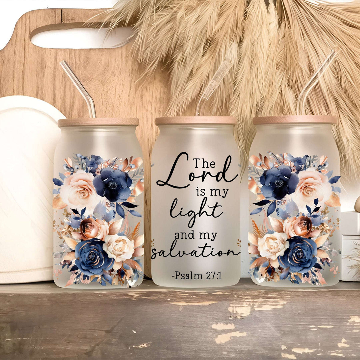 Floral Bible Verse Glass Cup with Lid and Straw