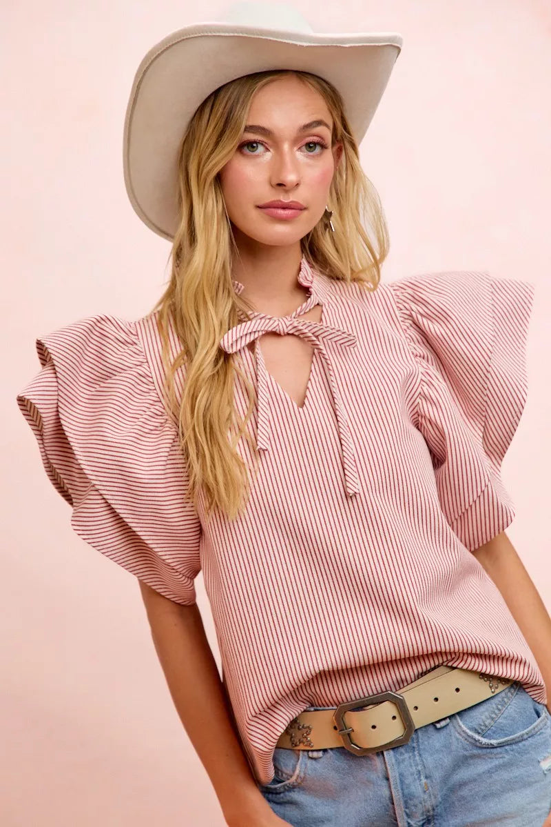 BiBi Twill Striped Ruffle Sleeve Blouse