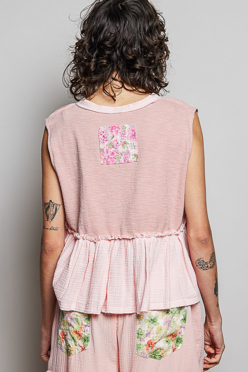 POL Floral Patch Ruffled Sleeveless Top with Raw Edge Detail in Pink