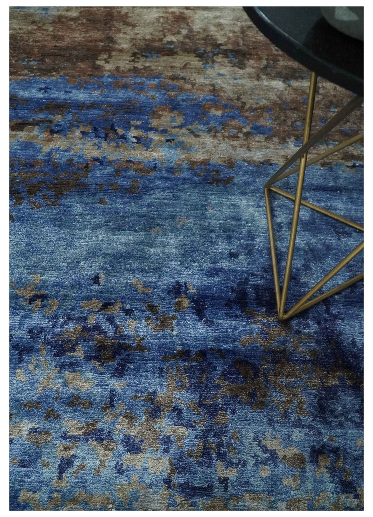 8x10 Blue, Beige and Brown Modern Abstract Hand Knotted wool and bamboo Silk Area Rug