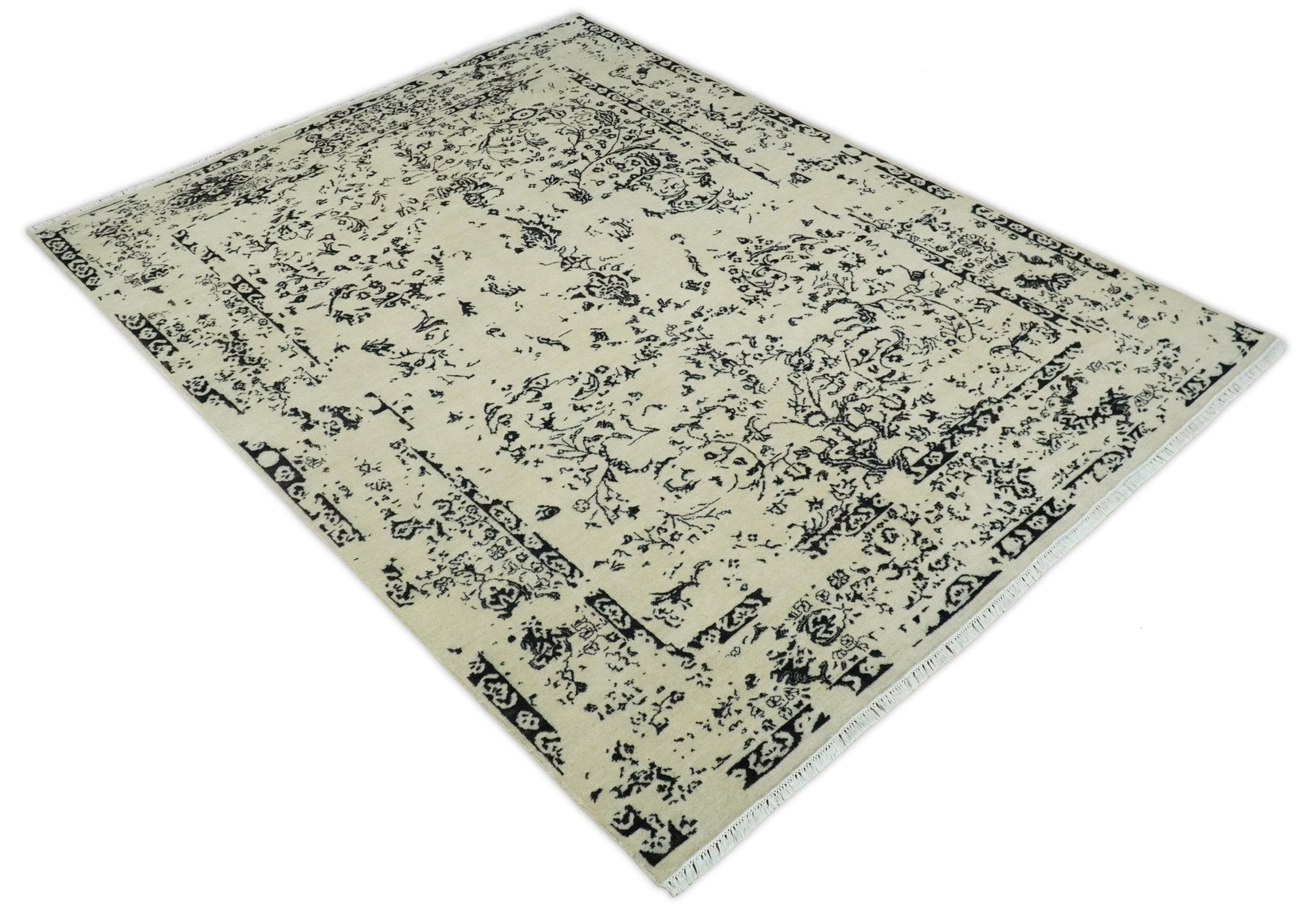8x10 Fine Hand Knotted Beige and Black Traditional Vintage Persian Antique Wool Rug