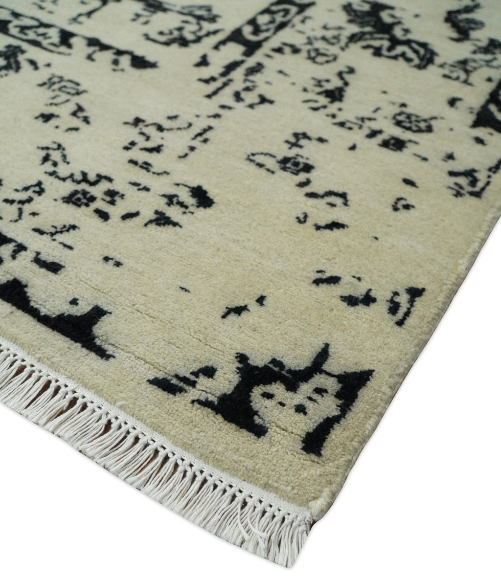 8x10 Fine Hand Knotted Beige and Black Traditional Vintage Persian Antique Wool Rug