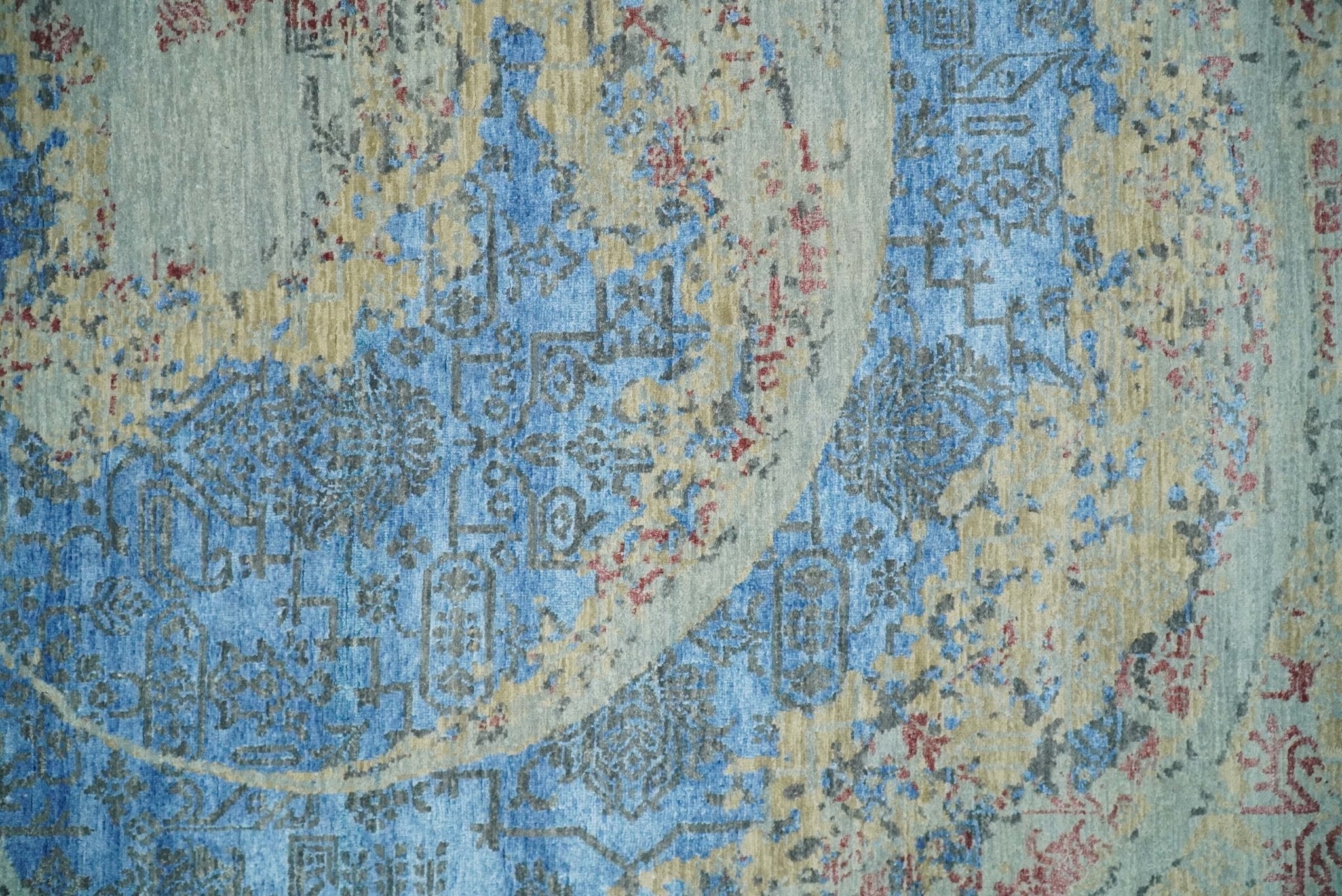 8x10 Fine Hand Knotted Beige and Blue Modern Abstract Style Wool and Silk Area Rug