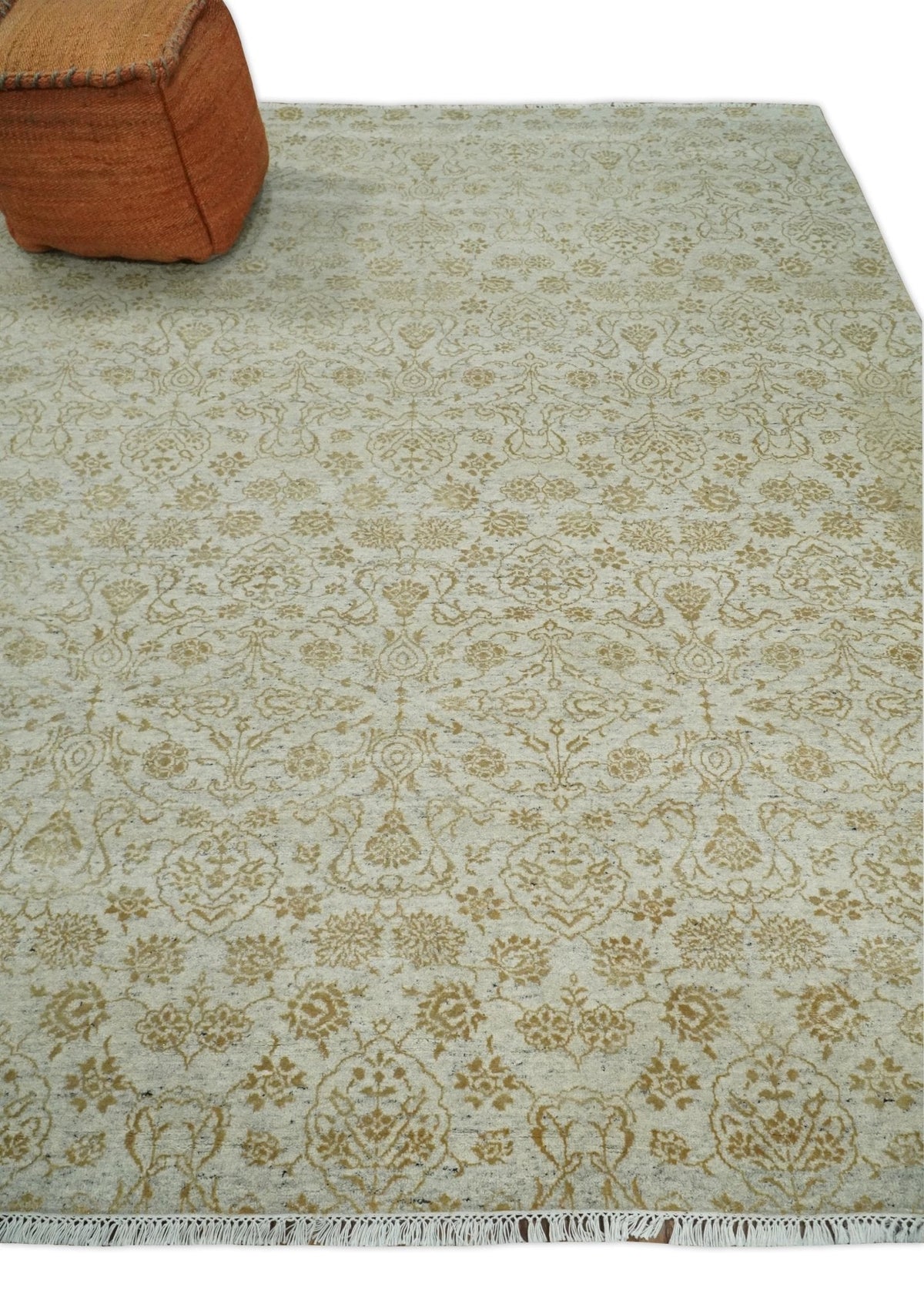 8x10 Fine Hand Knotted Beige and Gold Traditional Vintage Persian Style Antique Silk Rug