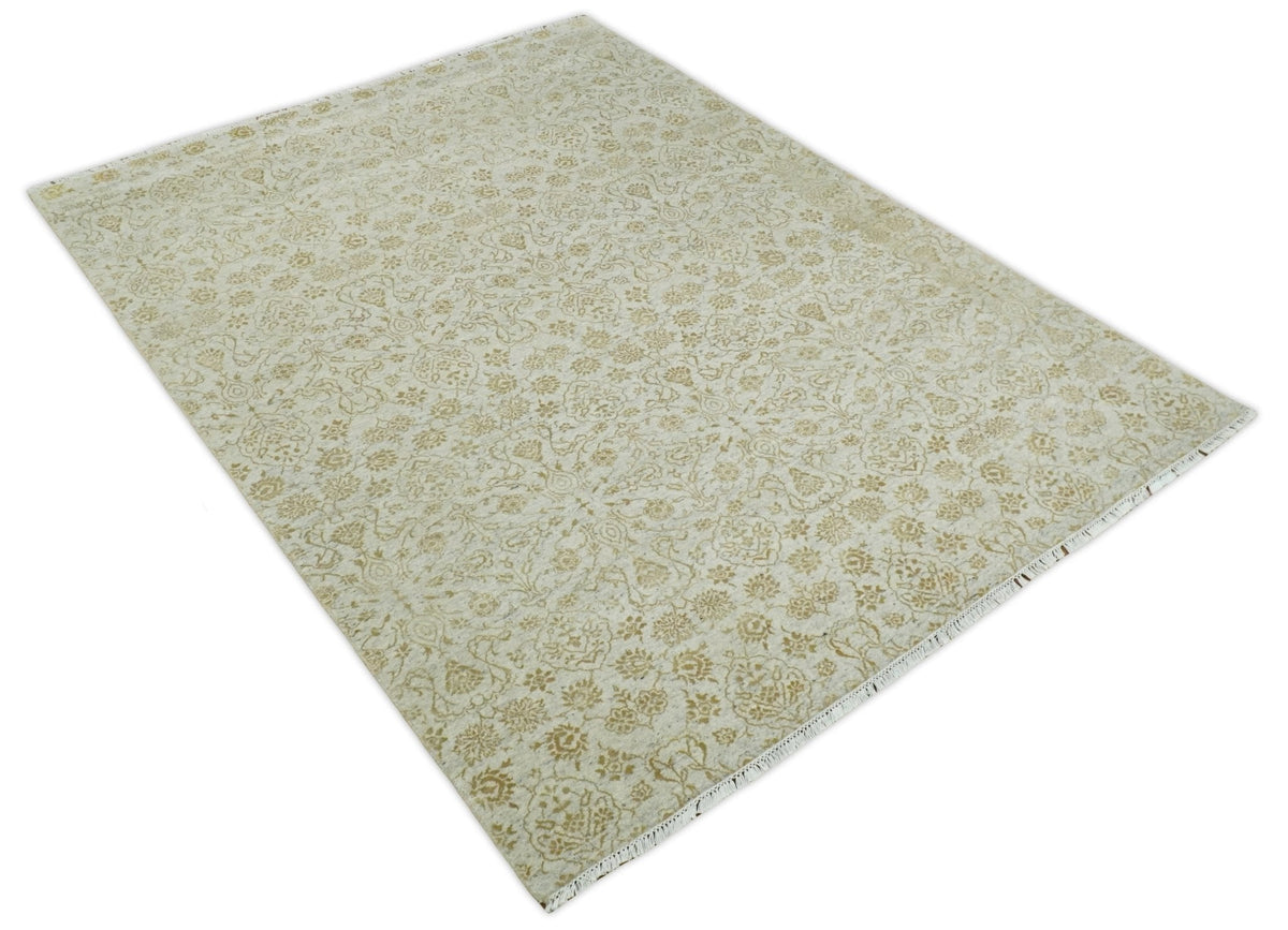 8x10 Fine Hand Knotted Beige and Gold Traditional Vintage Persian Style Antique Silk Rug