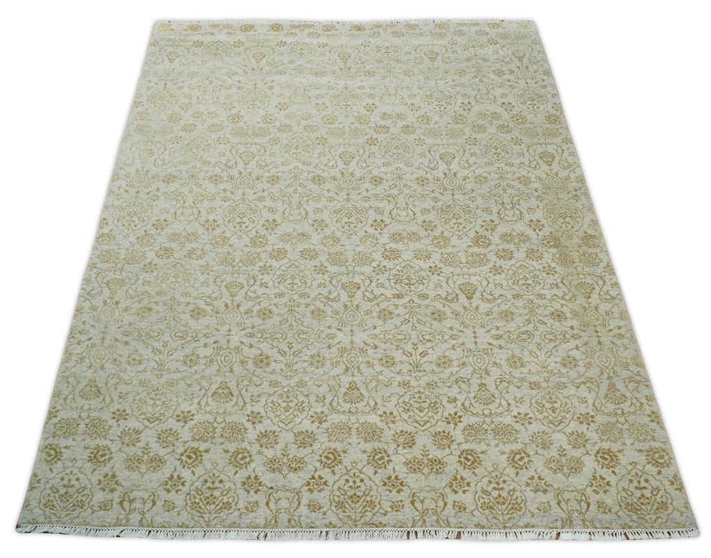 8x10 Fine Hand Knotted Beige and Gold Traditional Vintage Persian Style Antique Silk Rug