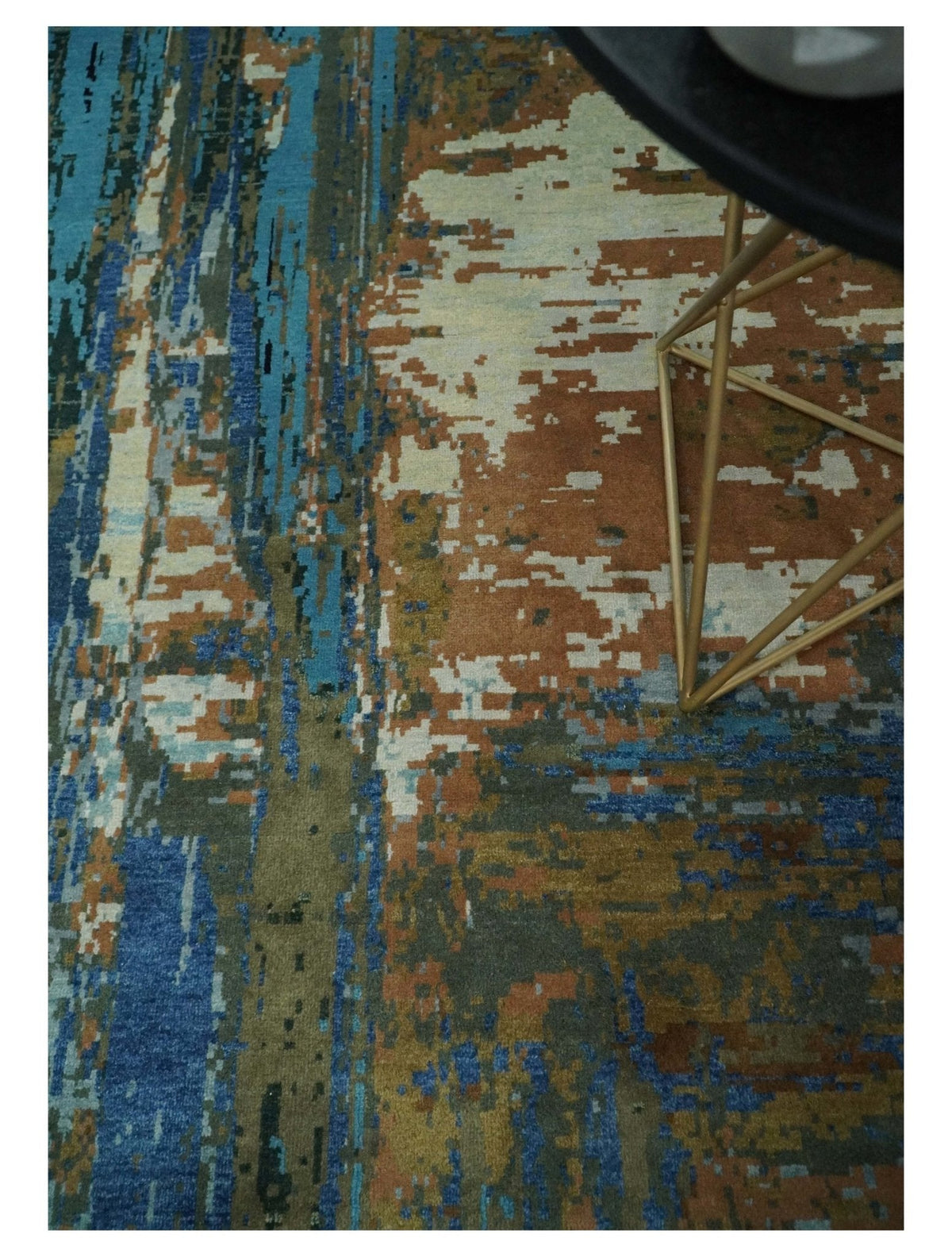 8x10 Fine Hand Knotted Blue and Brown Modern Abstract Wool Area Rug