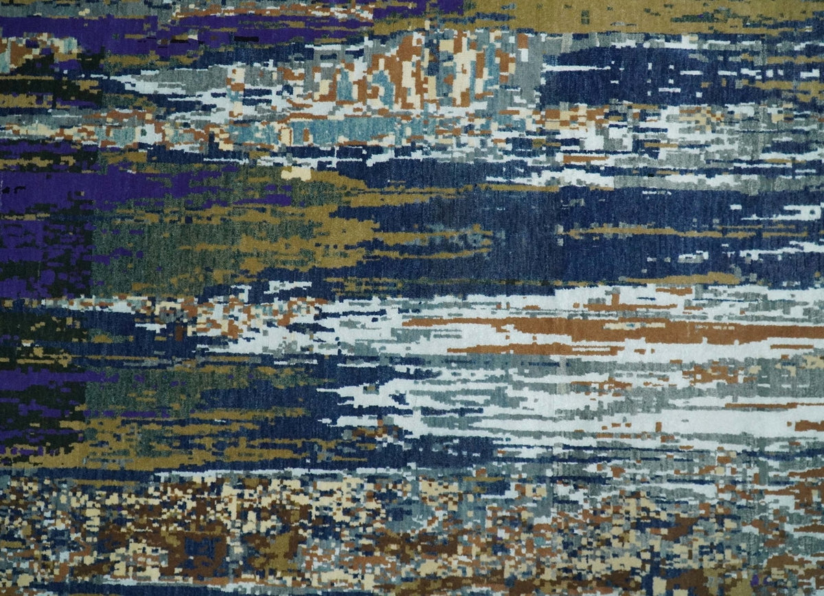 8x10 Fine Hand Knotted Blue And Brown Modern Abstract Wool and Bamboo Silk Area Rug