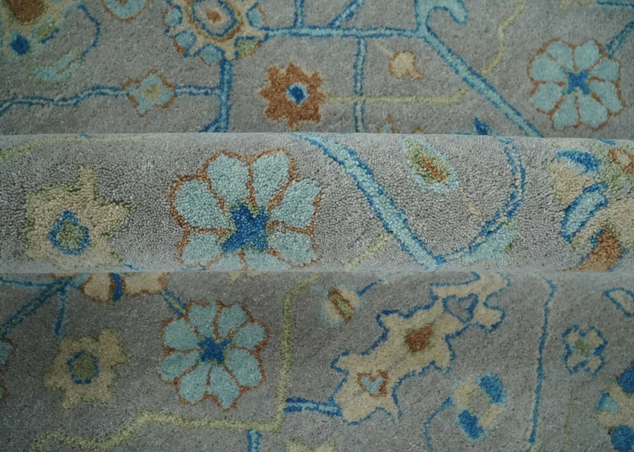 8x10 Hand Tufted Gray, Beige and Accent Blue Traditional Herati Design Wool Rug