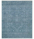 8x9.7 Blue Antique Style, Distressed Finish Hand Carved Traditional Medalian Hand Knotted Wool and Silk Rug
