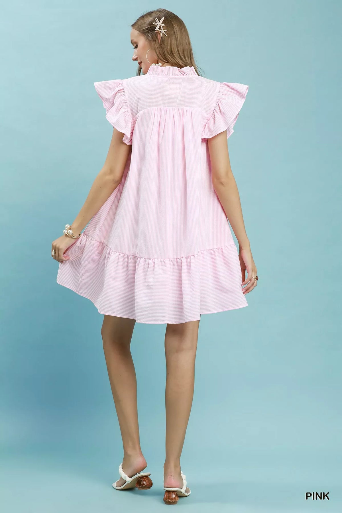 Umgee Stripe Smocked Yoke Ruffle Dress in Pink