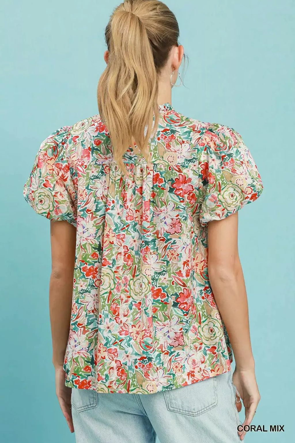 Umgee Floral Puff Sleeve Blouse in Coral