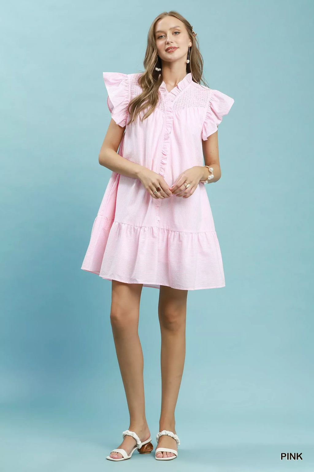 Umgee Stripe Smocked Yoke Ruffle Dress in Pink