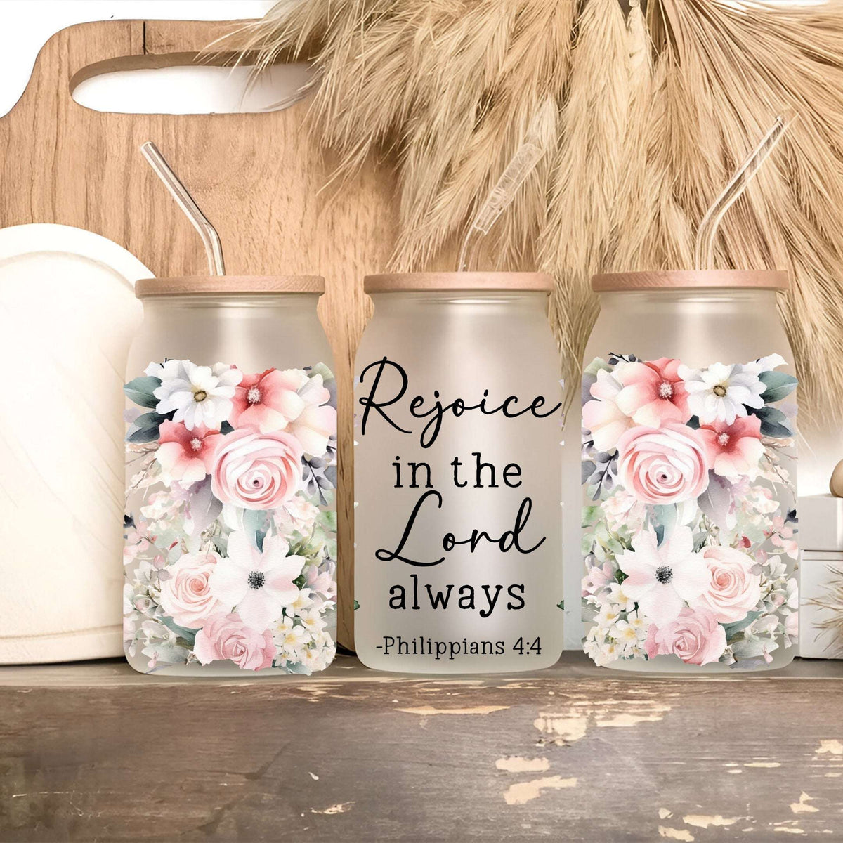Floral Bible Verse Glass Cup with Lid and Straw
