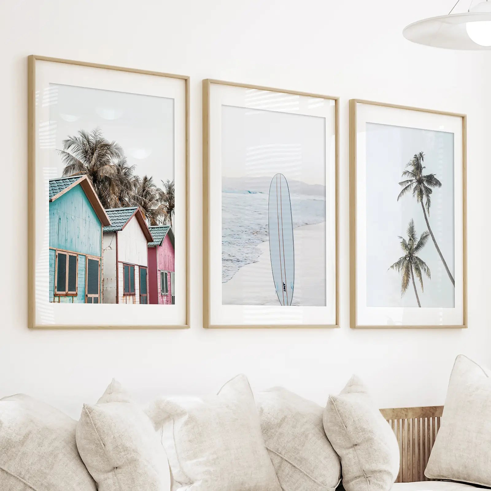 Coastal Beach Set of 3. Surfboard, Palm Trees, Colorful Beach Huts