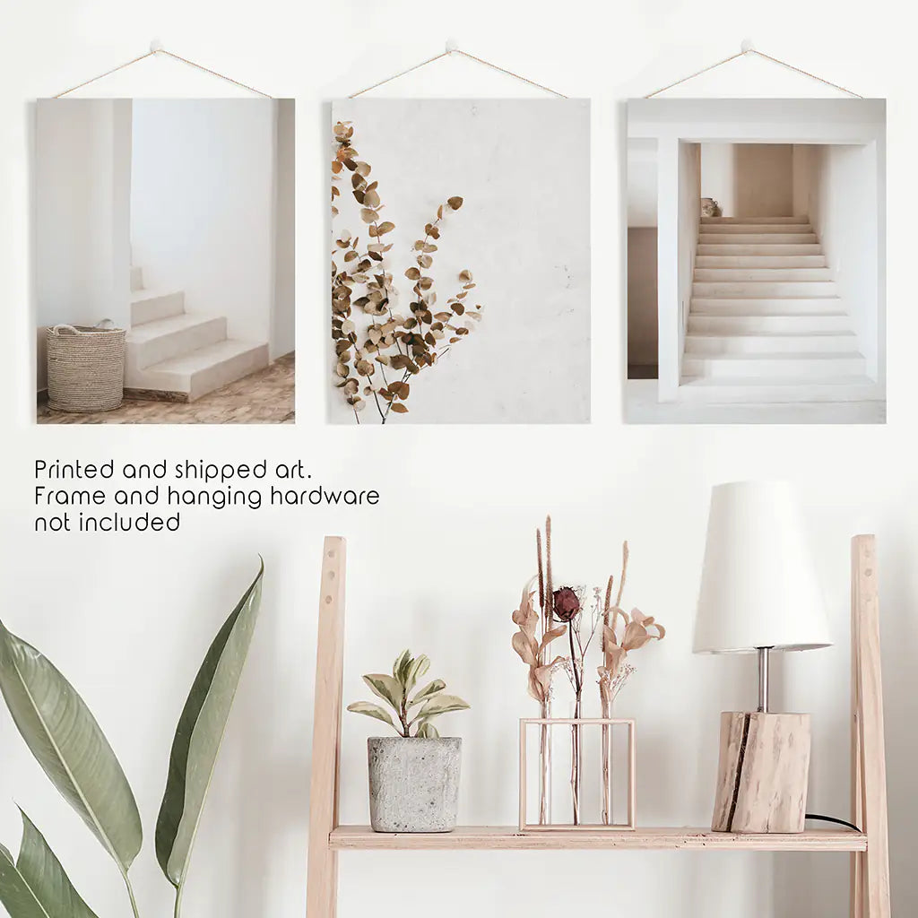 Neutral Minimalist Set of 3. Eucalyptus Branch, Staircase Prints
