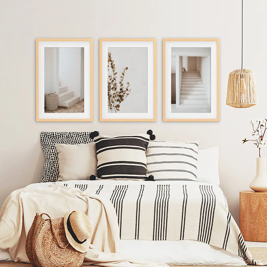 Neutral Minimalist Set of 3. Eucalyptus Branch, Staircase Prints