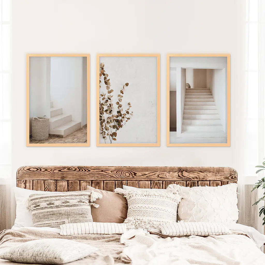 Neutral Minimalist Set of 3. Eucalyptus Branch, Staircase Prints