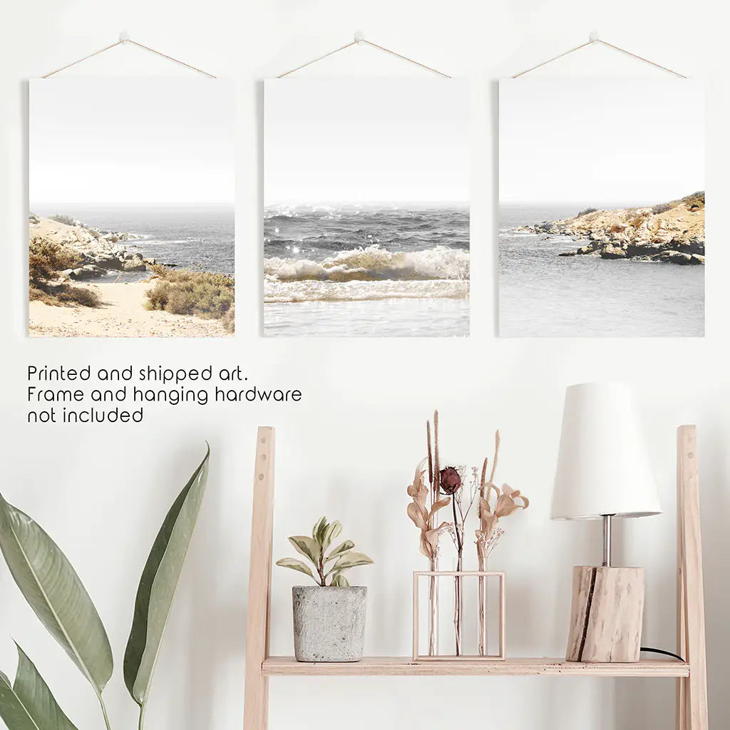 3 Piece Beige Ocean Beach Decor. Gray Waves with Rocks Wall Art