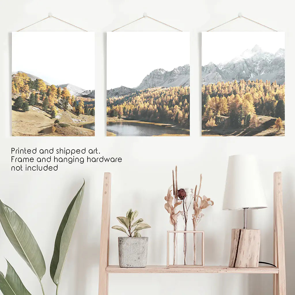 Mountain Lake Set of 3. Alpine Landscape, Autumn Forest, Peaks