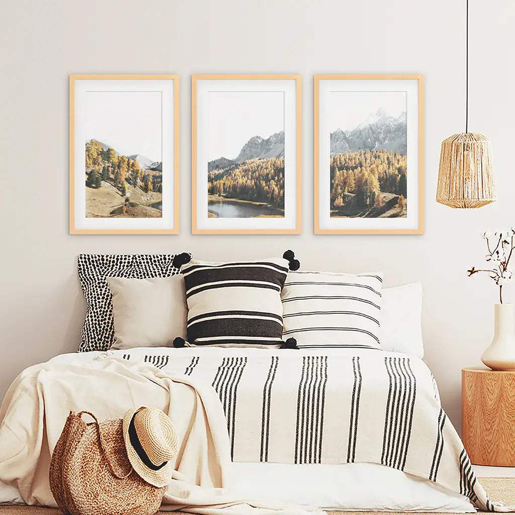 Mountain Lake Set of 3. Alpine Landscape, Autumn Forest, Peaks