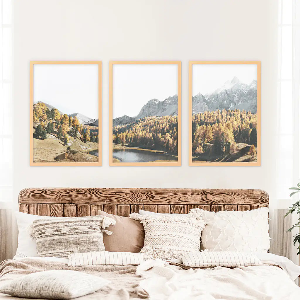 Mountain Lake Set of 3. Alpine Landscape, Autumn Forest, Peaks