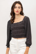 Black Shimmer Smocked Crop Top