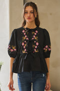 Poplin Front Ribbon Tie Blouse in Black