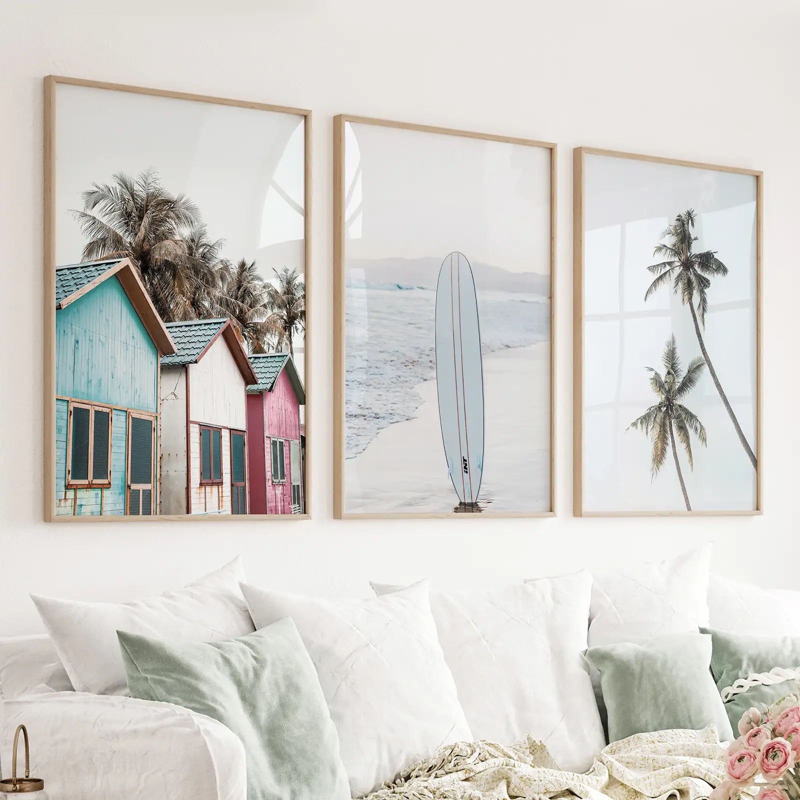 Coastal Beach Set of 3. Surfboard, Palm Trees, Colorful Beach Huts