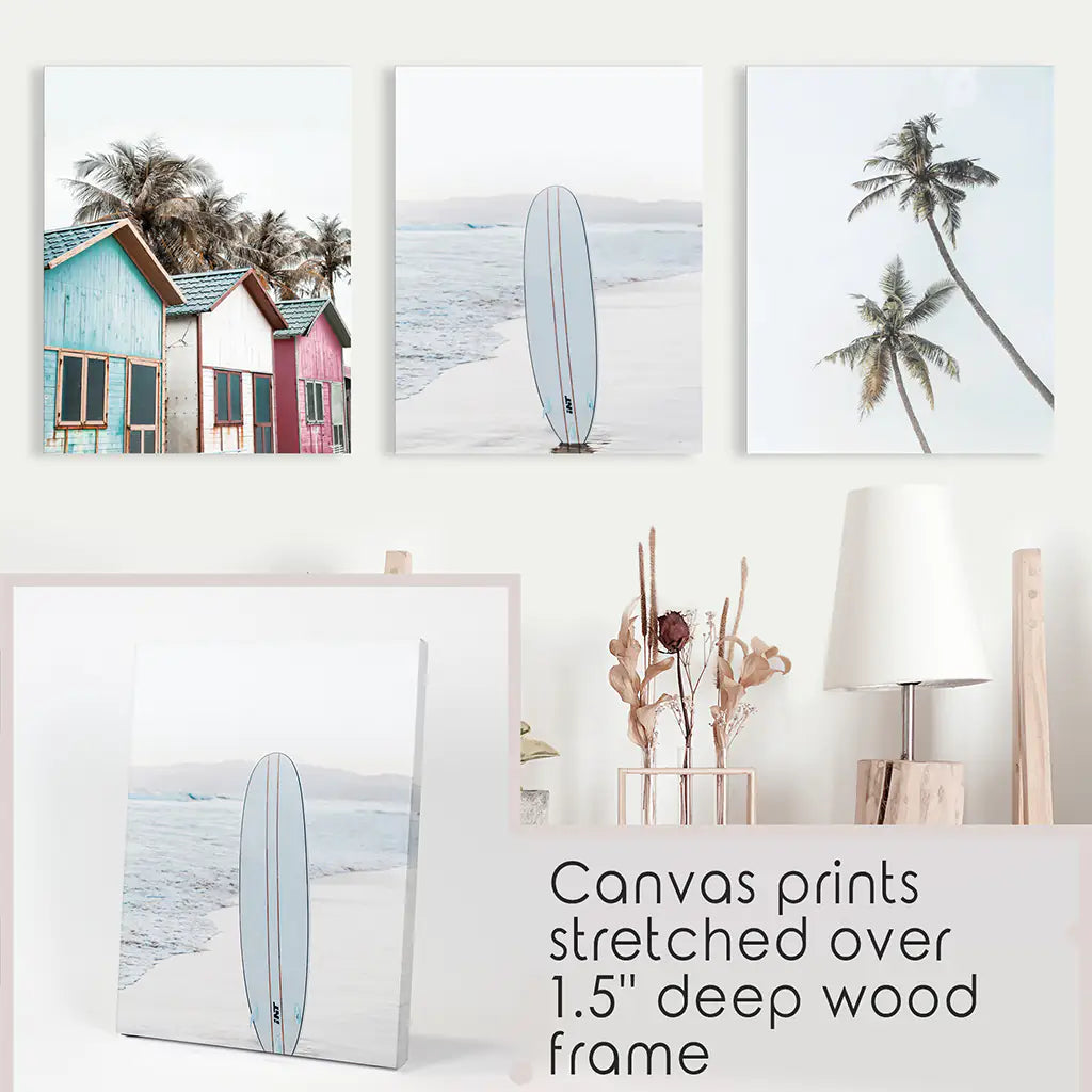 Coastal Beach Set of 3. Surfboard, Palm Trees, Colorful Beach Huts