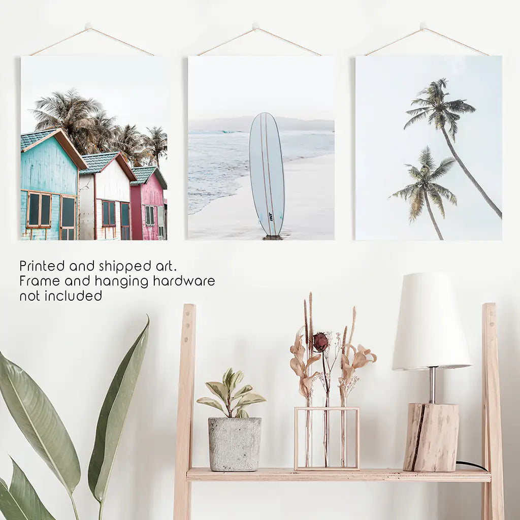 Coastal Beach Set of 3. Surfboard, Palm Trees, Colorful Beach Huts