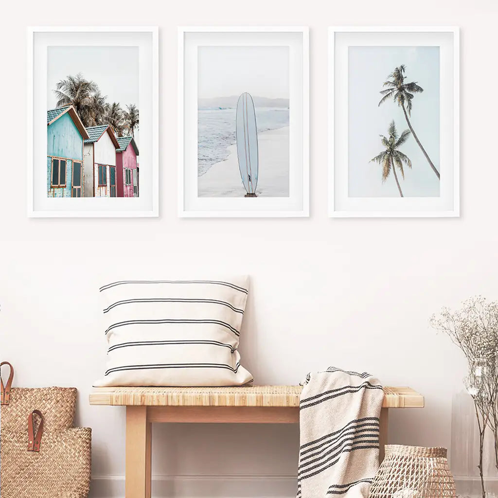 Coastal Beach Set of 3. Surfboard, Palm Trees, Colorful Beach Huts