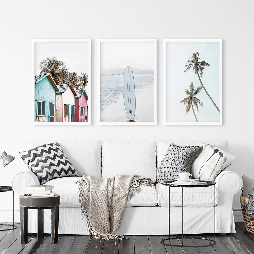 Coastal Beach Set of 3. Surfboard, Palm Trees, Colorful Beach Huts